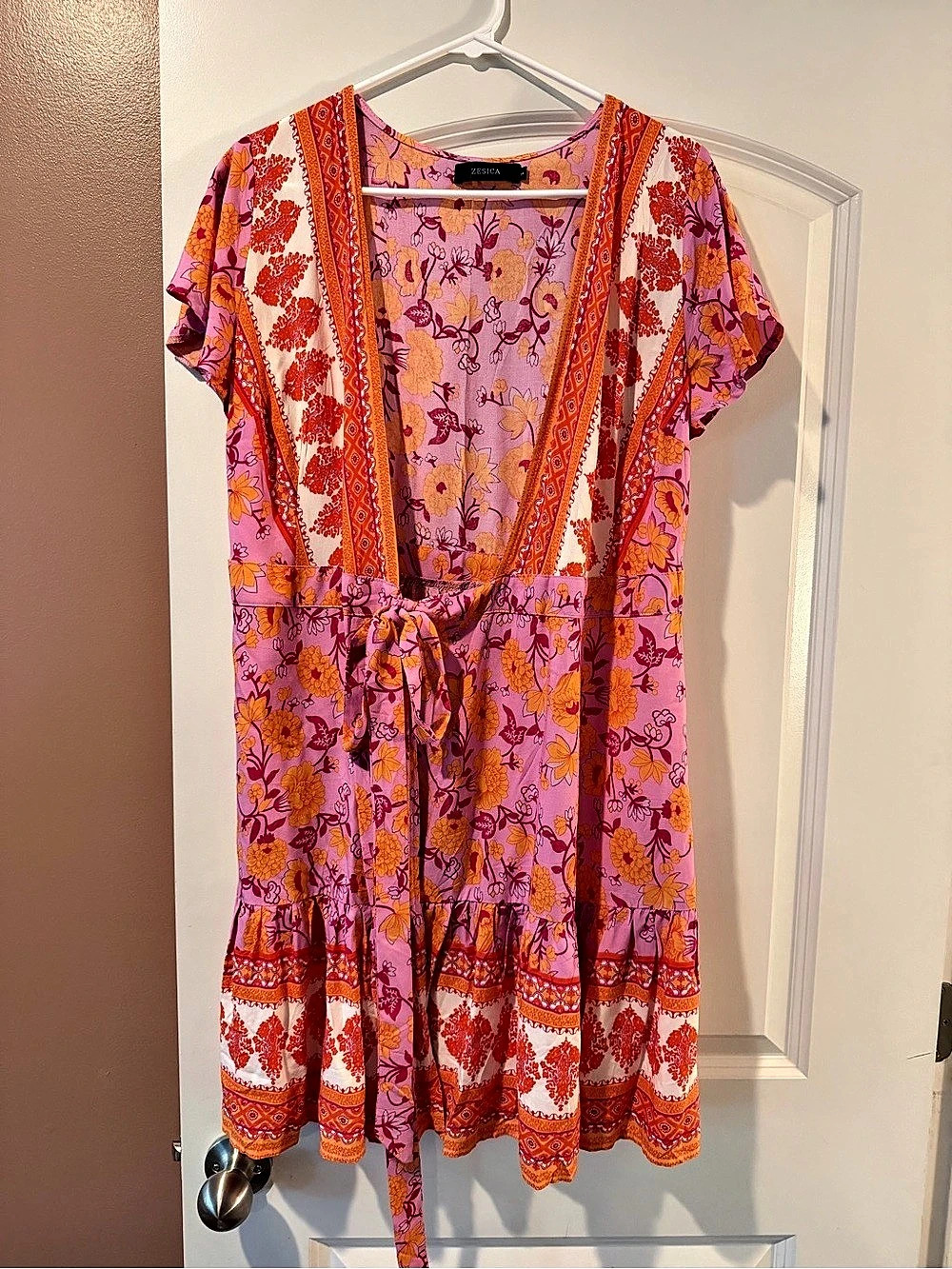 Summer Clearance! So Cute!!! ZESICA Women's V Neck Floral Tie Waist kimono Pink